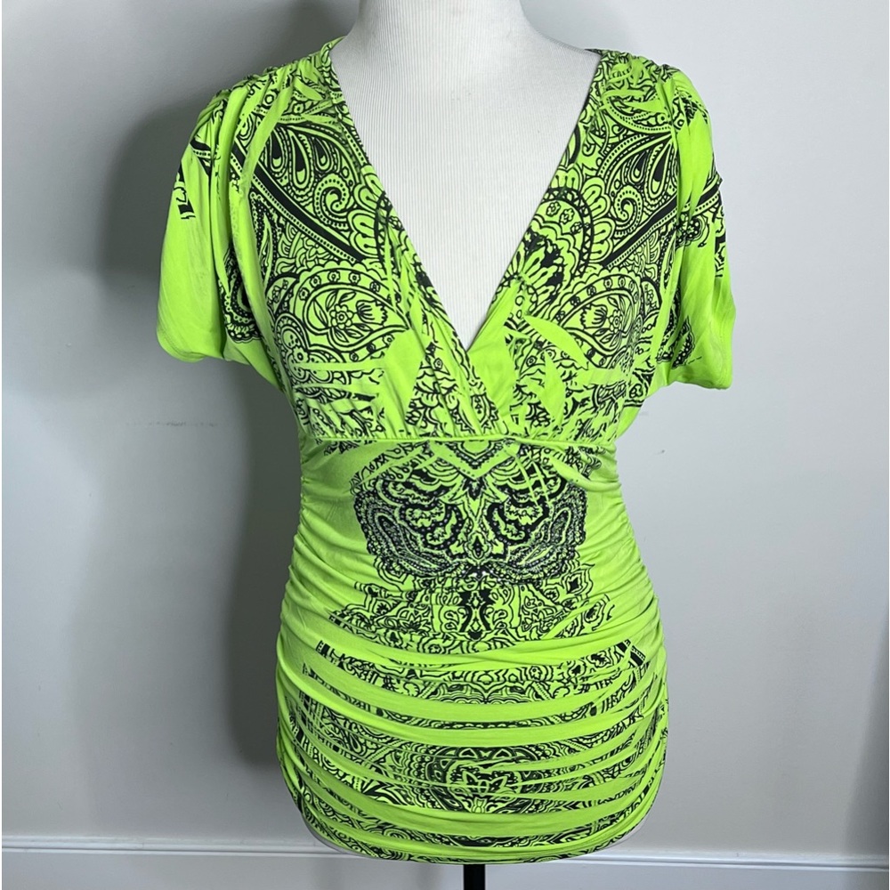 Early 2000s Green Rouched Fitted Blouse/Dress